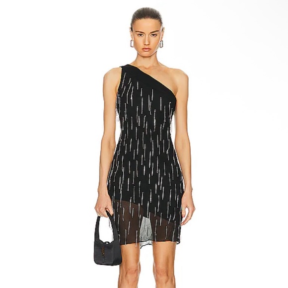 Fleur Du Mal One Shoulder Dangling Stones Rhinestone Fringe Dress in Black Large